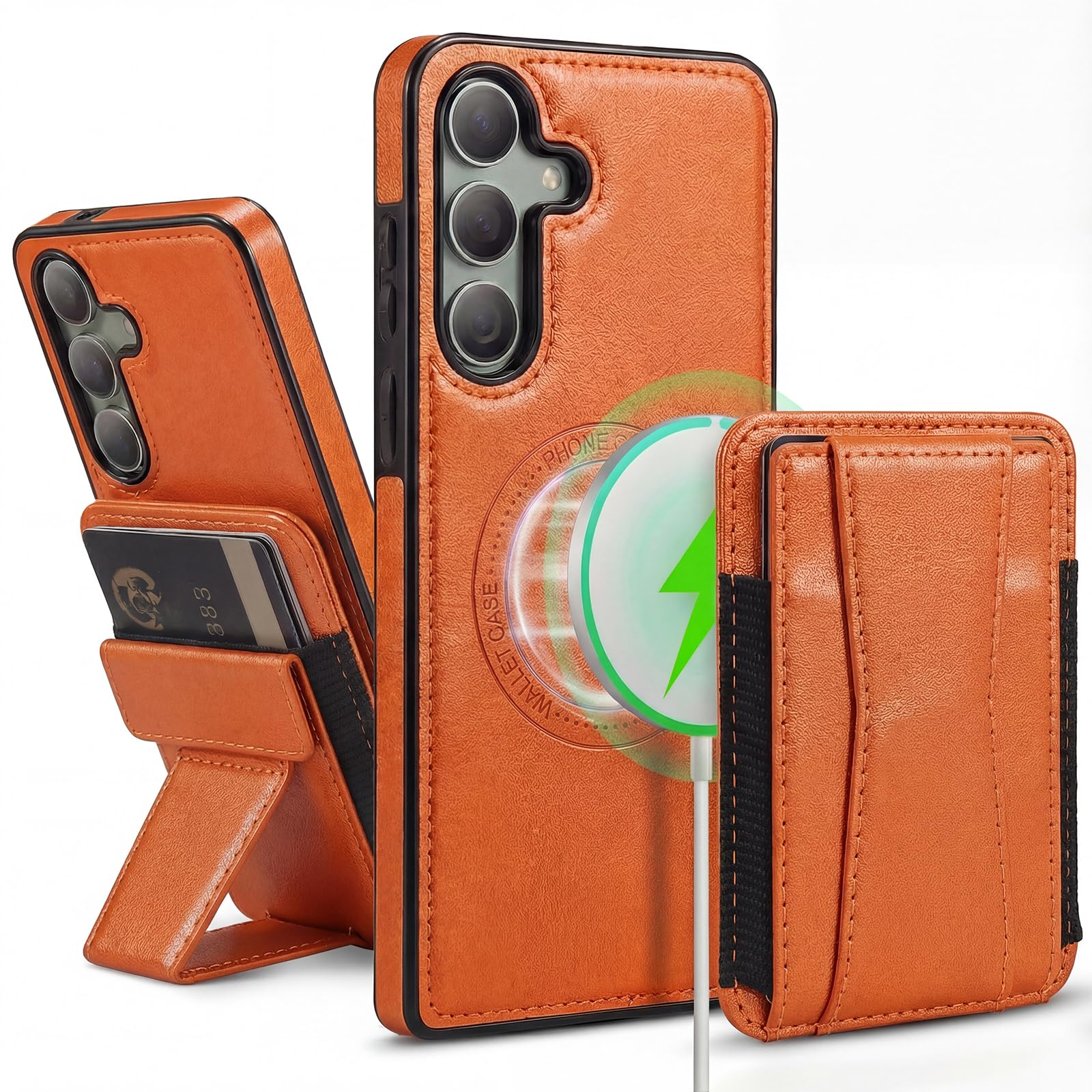 Photo 1 of DREAMME for Samsung Galaxy S25 Wallet Case with Magnetic Card Holder, RFID Blocking Magsafe 2 in 1 Detachable Kickstand Shockproof Case for S25 (6.2"), Hot Orange
