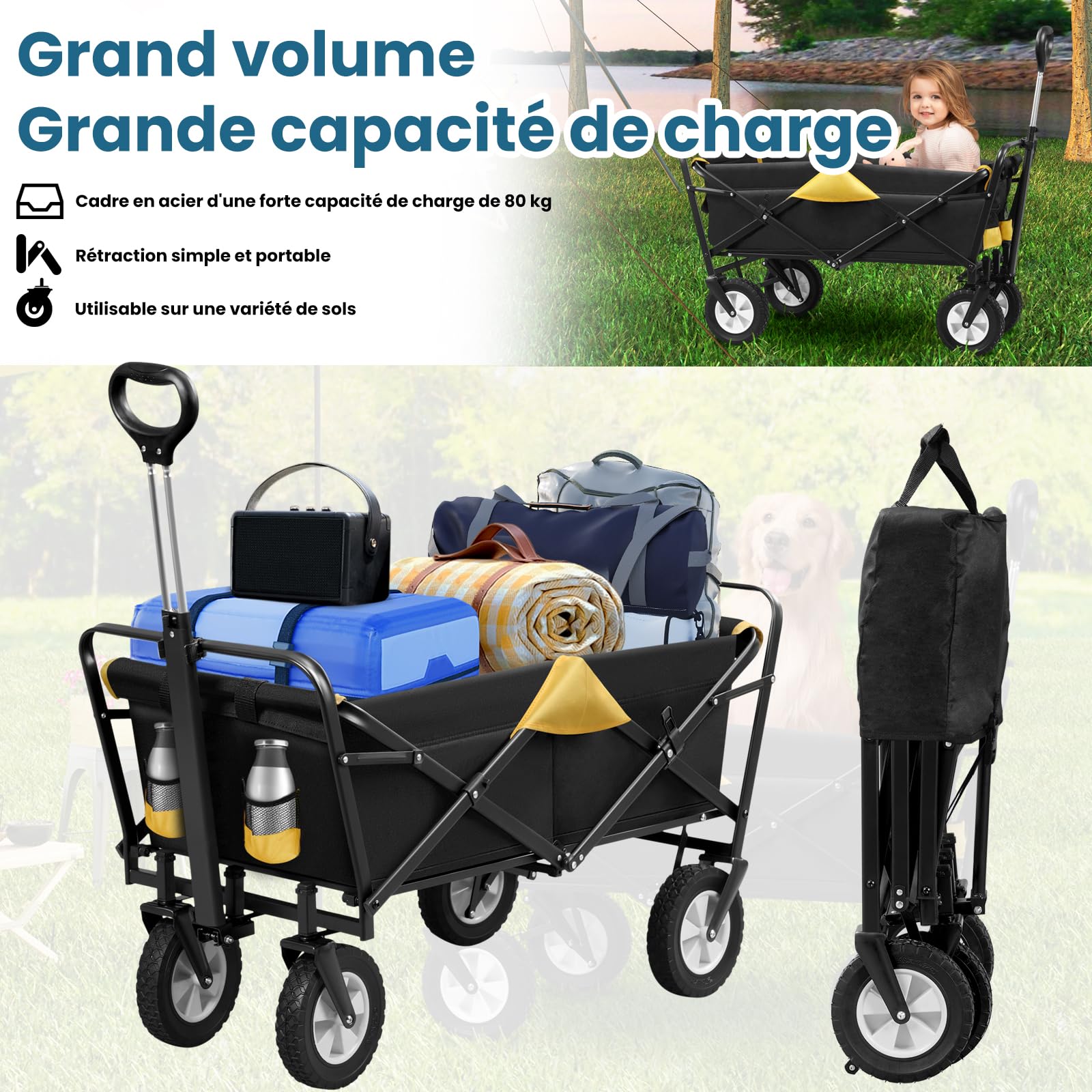 EUGAD 0010HC Chariot de Transport pour Jardin Max. 80kg Chariot Pliable à 4 Roues Tissu Oxford Anthracite+Jaune