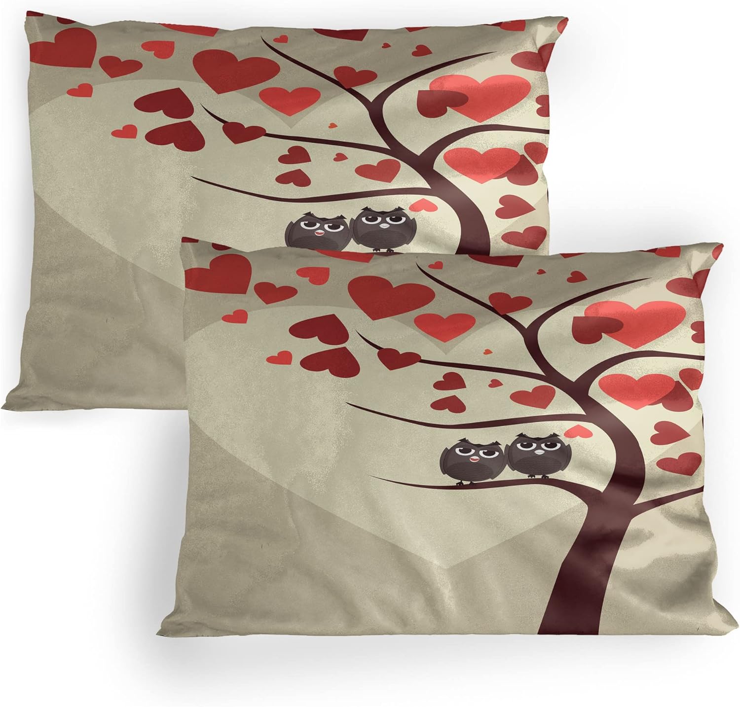 Lunarable Owls Pillow Sham Set of 2, Owl Couples Sitting on Branch Valentine Tree Valentines Day Anniversary Art, Quality Microfiber Bedding Item for All Seasons, 26" x 20", Red Brown Ivory