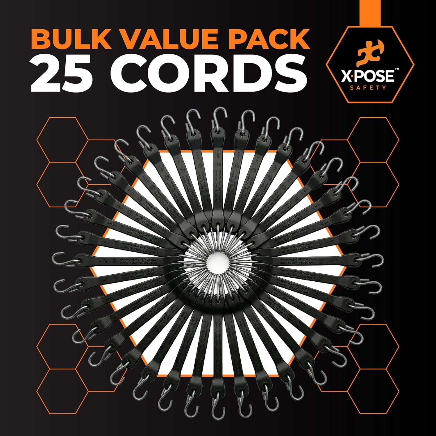 Rubber Bungee Cords with Hooks 25 Pack 15 Inch (23” Max Stretch) Heavy-Duty Black Tie Down Straps for Outdoor, Tarp Covers, Canvas Canopies, Motorcycle, and Cargo - by Xpose Safety