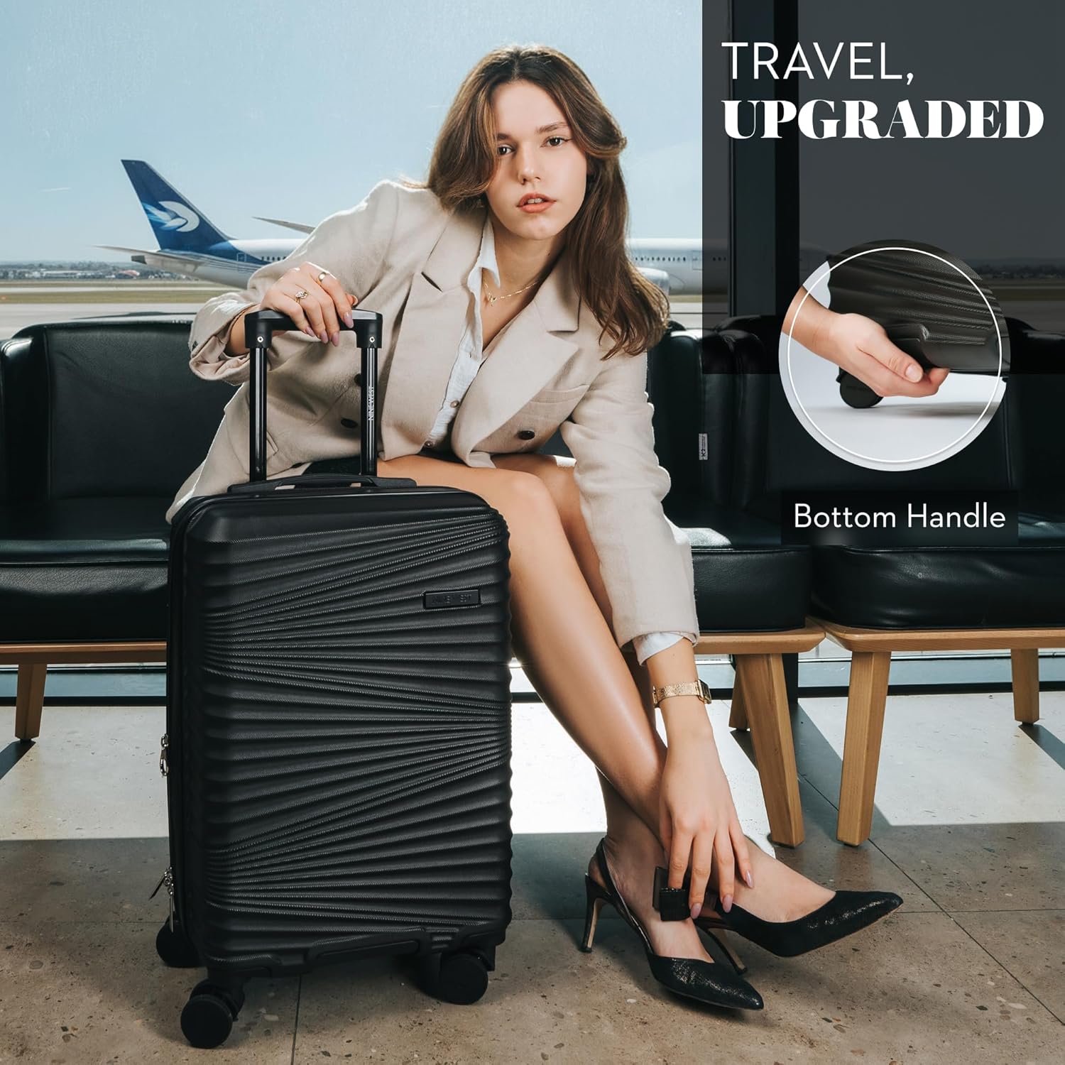 Nine West Ella 20 Inch Smart Carry On Luggage, Hardshell Spinner Suitcase with Wheels, Lightweight Airline Approved Cabin Bag, Black