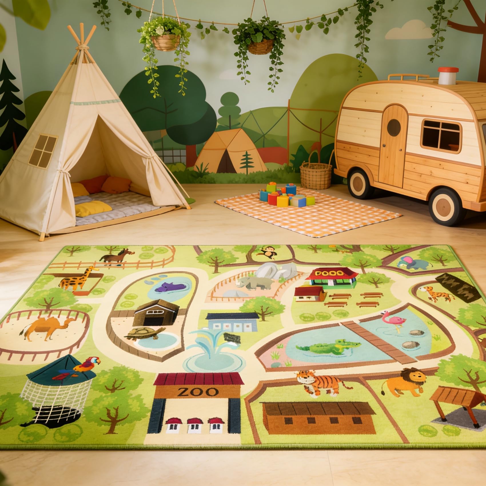 Kinder Teppich Spielteppich Straßen Maschinenwaschbar Kurzer Flor Pädagogischer Spielteppich， rutschfest Autoteppich Junge Mädchen für Schlafzimmer & Spielzimme (Zoo, 100x200 cm)