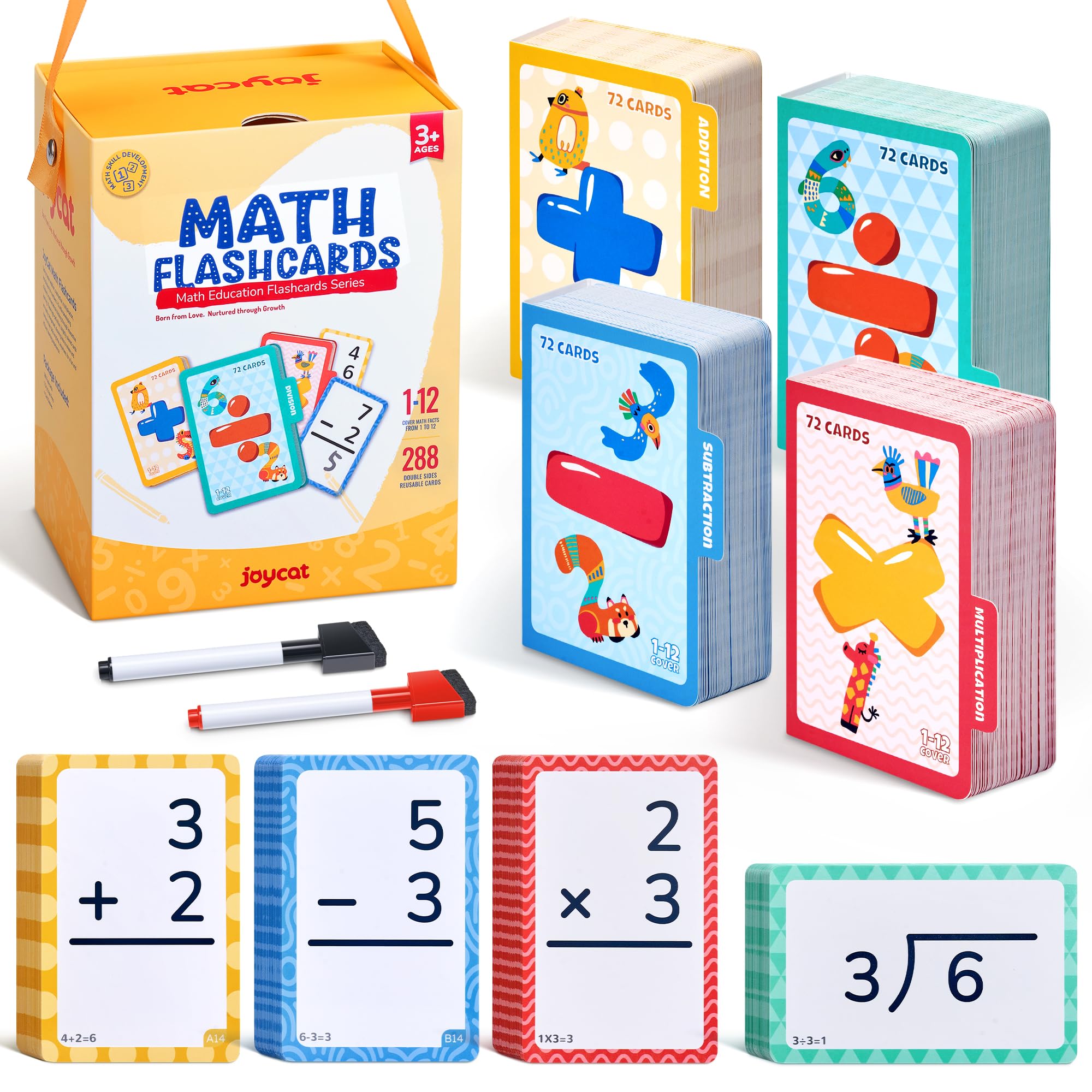 288 Math Flash Cards Set of 4- Multiplication, Division, Addition and Subtraction Flashcards for Kids 1st 2nd 3rd 4th 5th Grade or Kindergarten Homeschool Supplies
