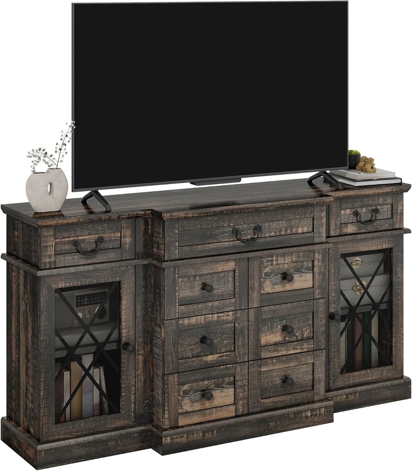 (Incomplete box 1 of 2 )YITAHOME Television Stand for 65/55 Inch TV, Farmhouse TV Stand with 9 Drawers, Adjustable Shelves and Tempered Glass Doors, Entertainment Center TV Media Console for Living Room, Dark Rustic Oak Dark Rustic Oak With Drawers
