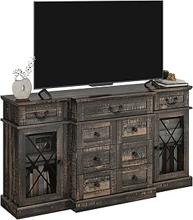 YITAHOME Television Stand for 65/55 Inch TV, Farmhouse TV Stand with 9 Drawers, Adjustable Shelves and Tempered Glass Doors, Entertainment Center TV Media Console for Living Room, Dark Rustic Oak