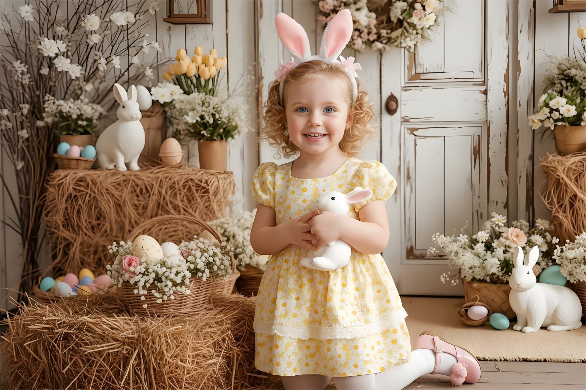Kate Spring Sfondo fotografico con coniglietto pasquale 10x6.5ft/3x2m uova di Pasqua balle di fattoria porta in legno bianca rustica sfondi per studio fotografico floreale del fienile