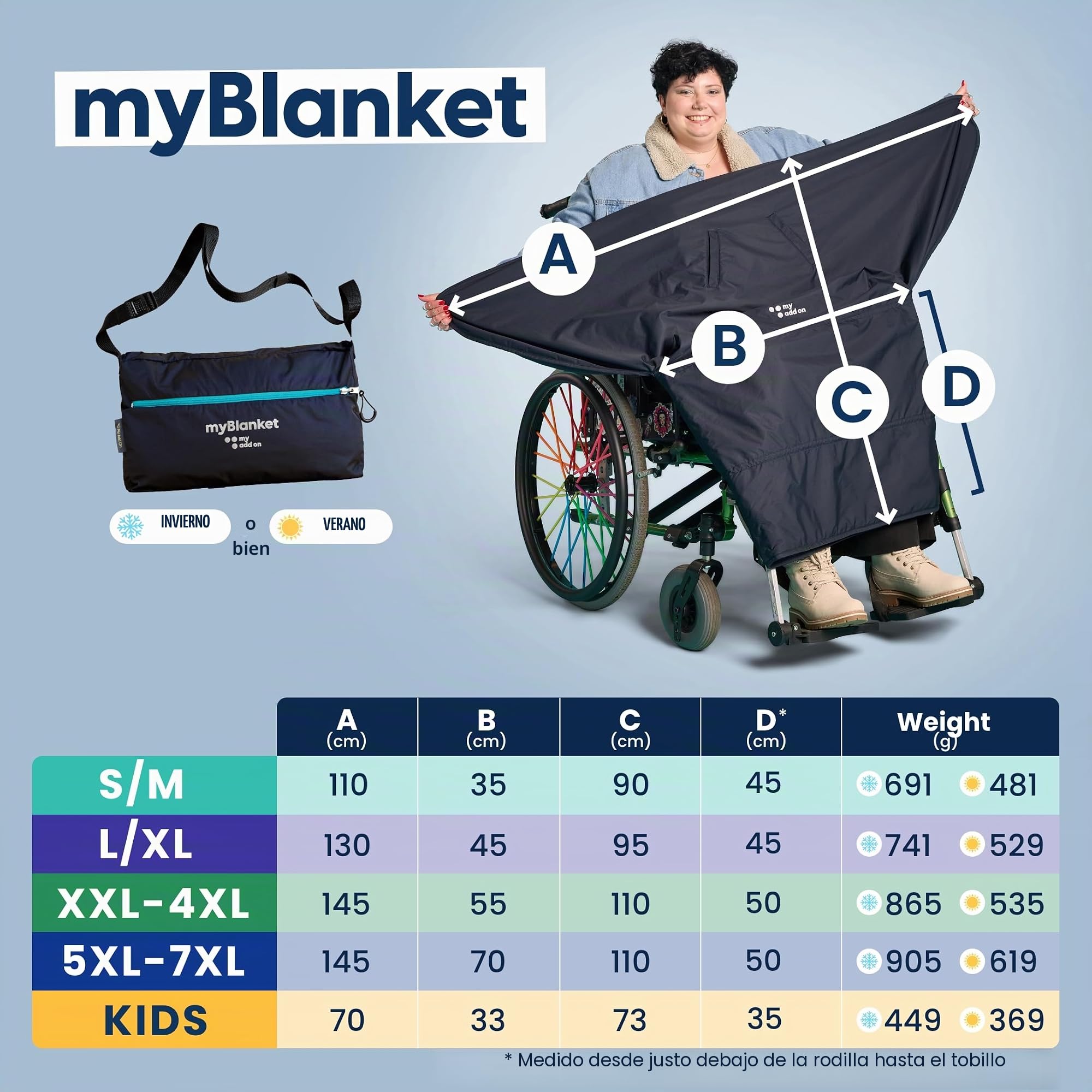 MyBlanket - Funda impermeable para silla de ruedas, ligera y compacta, adecuada para silla de ruedas eléctrica y manual, scooter de movilidad, protección de piernas, sin levantarse, azul medianoche