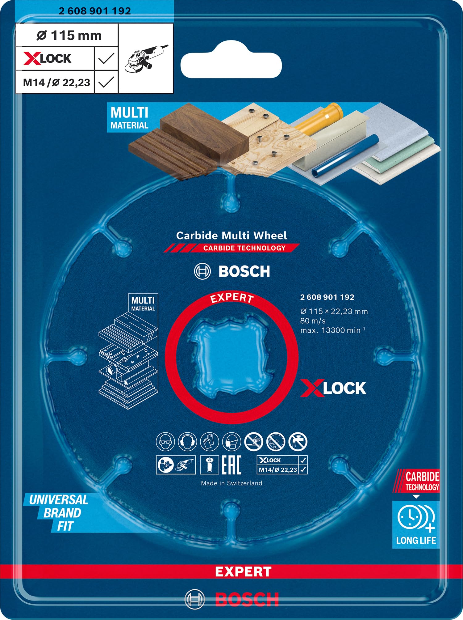 Bosch 1x EXPERT Carbide Multi Wheel X-LOCK Kesici Diskler (Sert ahşap, Çivili ahşap, Plastik, Alçıpan panel, Ø 115 mm, Aksesuar Küçük Avuç Taşlama Makinesi)
