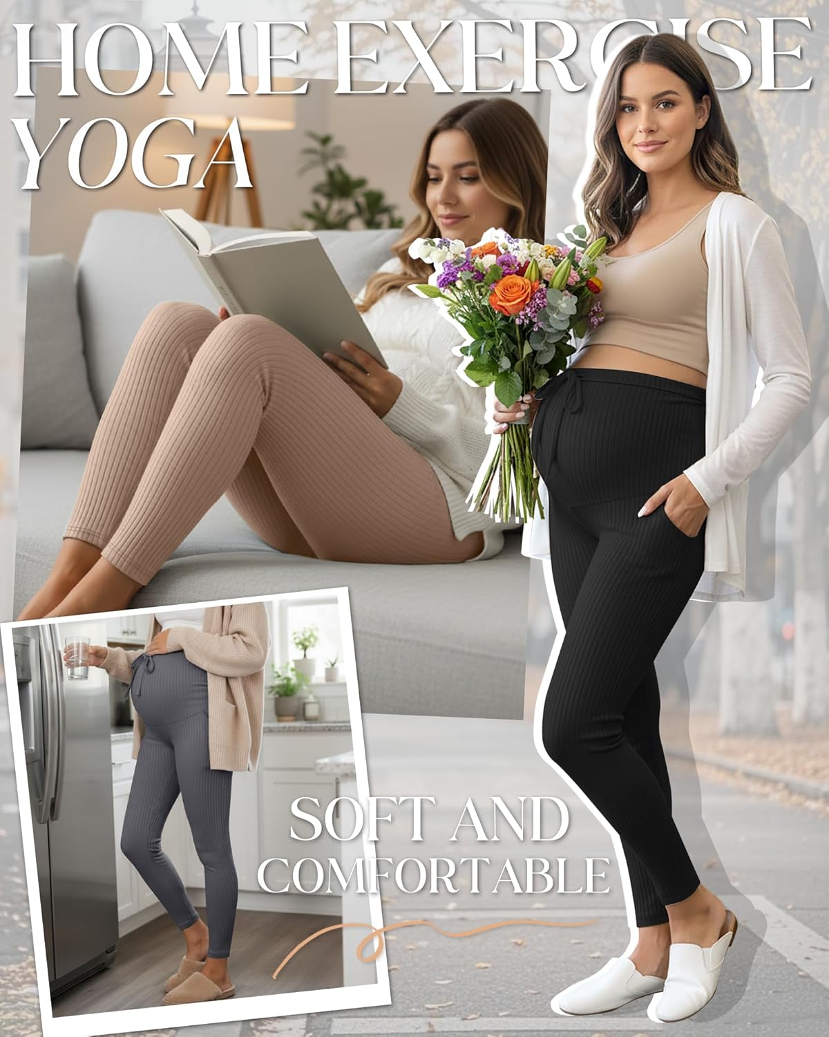 3 Pack Women's Maternity Leggings Cotton Ribbed Pregnancy Pants Drawstring Workout Yoga Active Pants with Pockets - Image 4