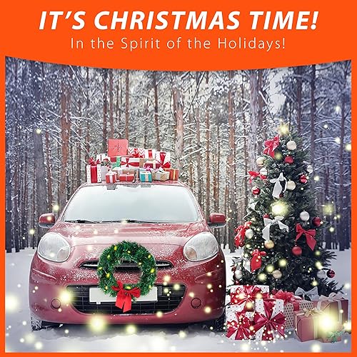 Miniatura 3 de ZONETECH Decoración de corona de automóvil de Navidad con luces LED, accesorio de temporada navideña de alta calidad para parrilla delantera,
