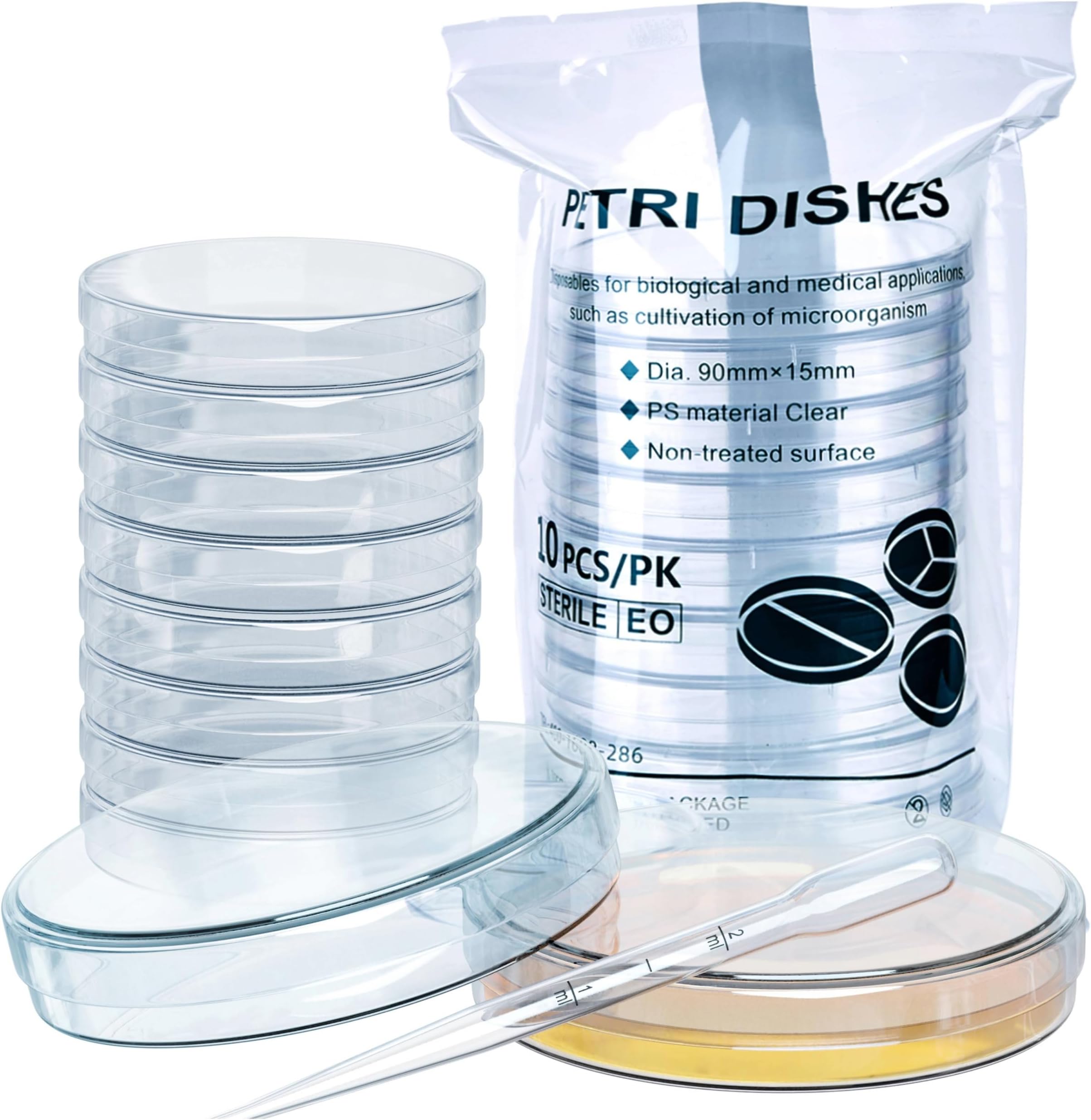 MyMed Pack of 20 Sterile Petri Dishes with Lids (90 x 15 mm), 2ml Plastic Pipettes for Lab Analysis, School Projects, Blood Samples, Bacteria, Plant & Seed Cultivation Petri Dish (20)