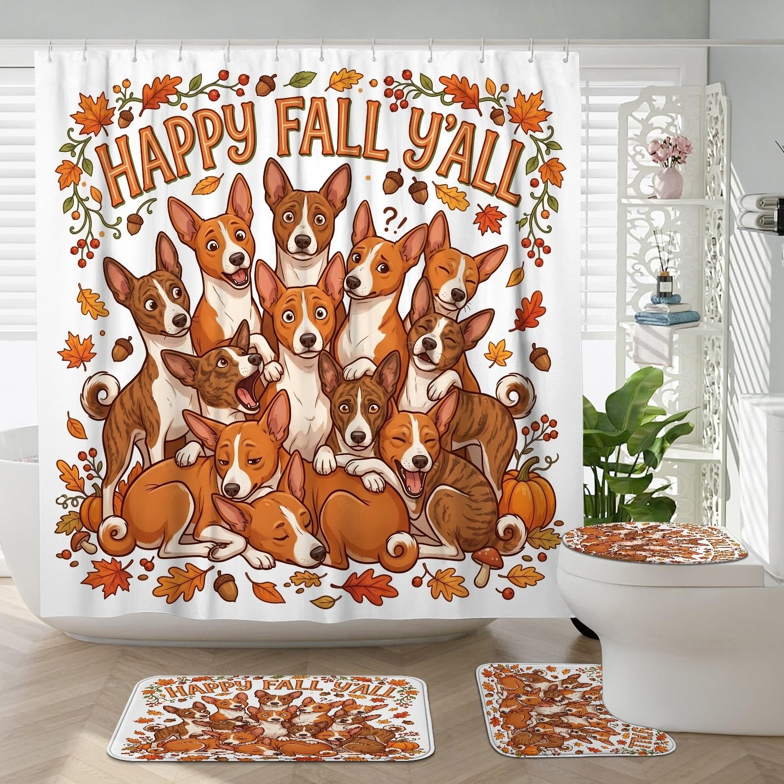 Rideau de douche motif chien Basenji automne avec ensemble tapis WC et tapis de bain
