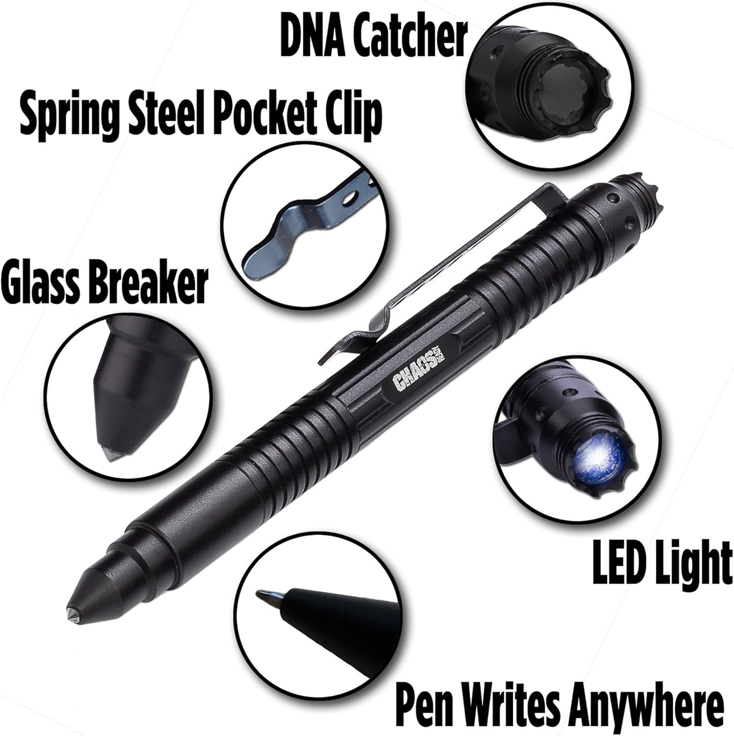 Chaos Ready Tactical Pen - EDC Pen with Pen Light, Window Breaker, DNA Catcher, Aircraft Aluminum, Police Gear, Discreet Black w/Gift Box