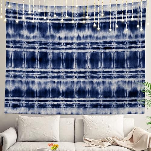 Shrahala Tapiz de pared de teñido anudado azul, a rayas Shibori azul marino índigo abstracto folk para colgar en la pared, tapiz grande decorativo