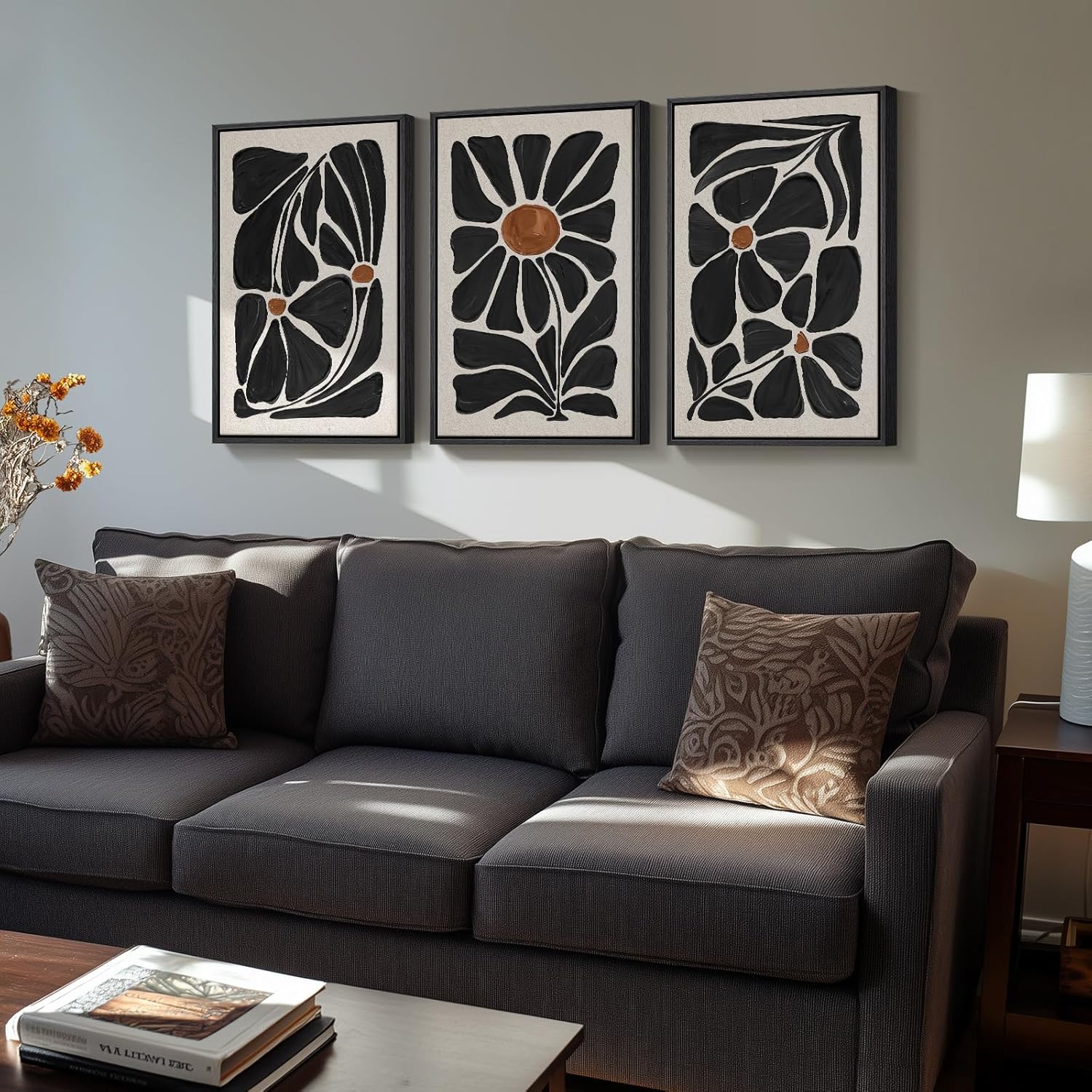 Framed Black and White Abstract Wall Art, 3 Piece Black Boho Floral Botanical Canvas Prints Painting for Living Room, Mid Century Modern Flower Artwork for Bedroom Hallway Office Home Decor, 16x24 In 16" W x 24" H x 3Pcs Black Boho