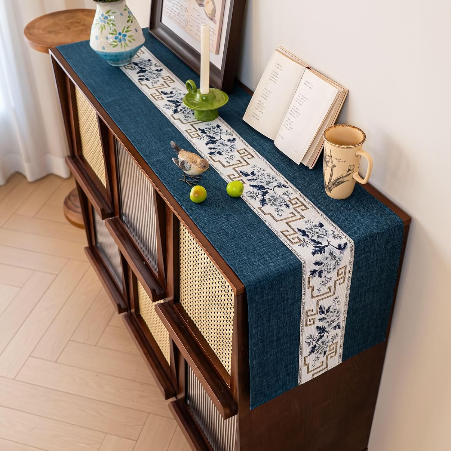 72 Inch Vintage Farmhouse Dresser Runner, Fits 48-60 in, Blue