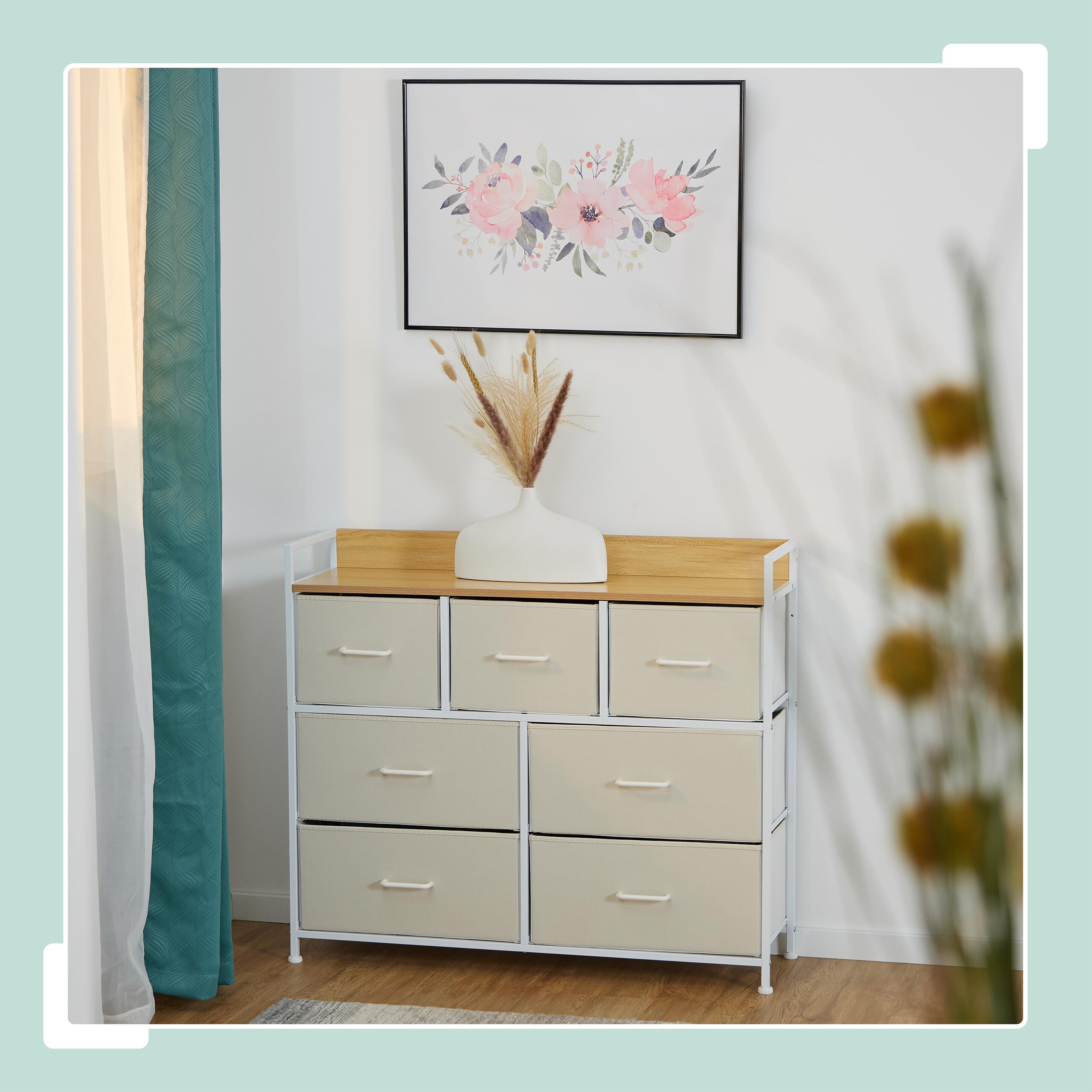 Relaxdays Cómoda 7 Cajones, 85 x 100 x 30,5 cm, Mueble Recibidor, Pasillo y Dormitorio, Cajonera Moderna, Beige y Blanco