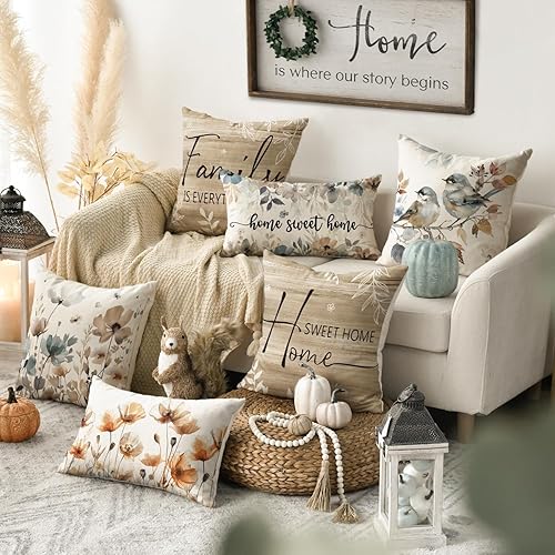 Miniatura 2 de AVOIN colorlife Chinoiserie - Juego de 4 fundas de almohada de flores de amapola Chickadee Spring Home Sweet Home, 18 x 18 pulgadas, otoño, la