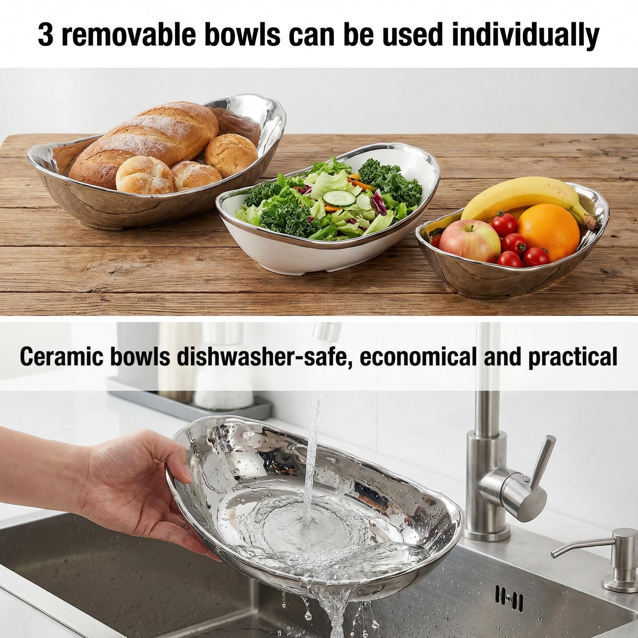 Goaste Corbeille à fruits ovale à 3 niveaux en céramique avec support en métal - Bols de cuisine en porcelaine pour le stockage des fruits, des légumes, des collations, des noix, des desserts