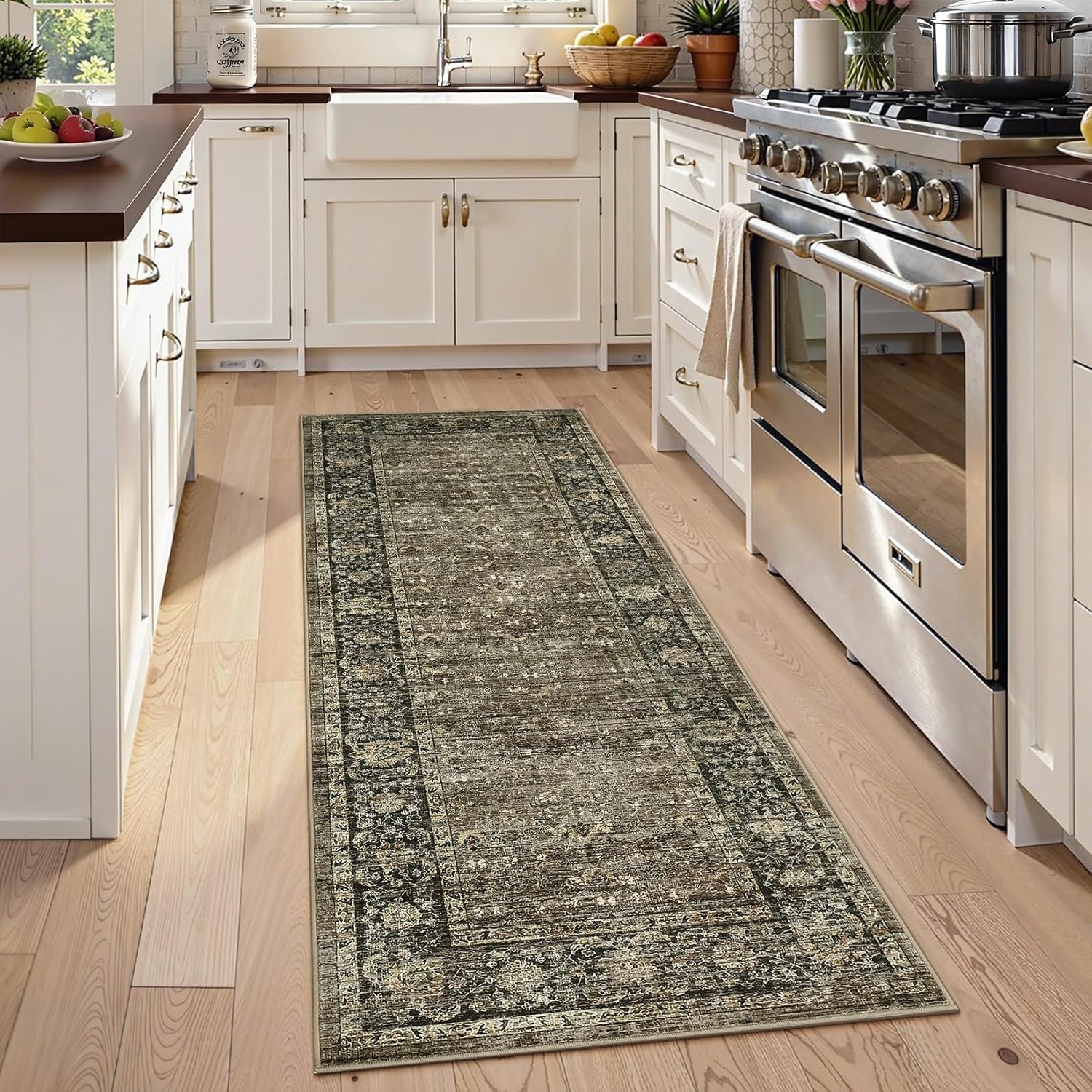 Runner Rug 2x6 Vintage Entryway Runner Rug Washable Rugs for Kitchen Laundry Oriental Floral Hallway Runners Non Slip Low Pile Retro Floral Distressed Print Bedside Dorm Bathroom Runners Taupe