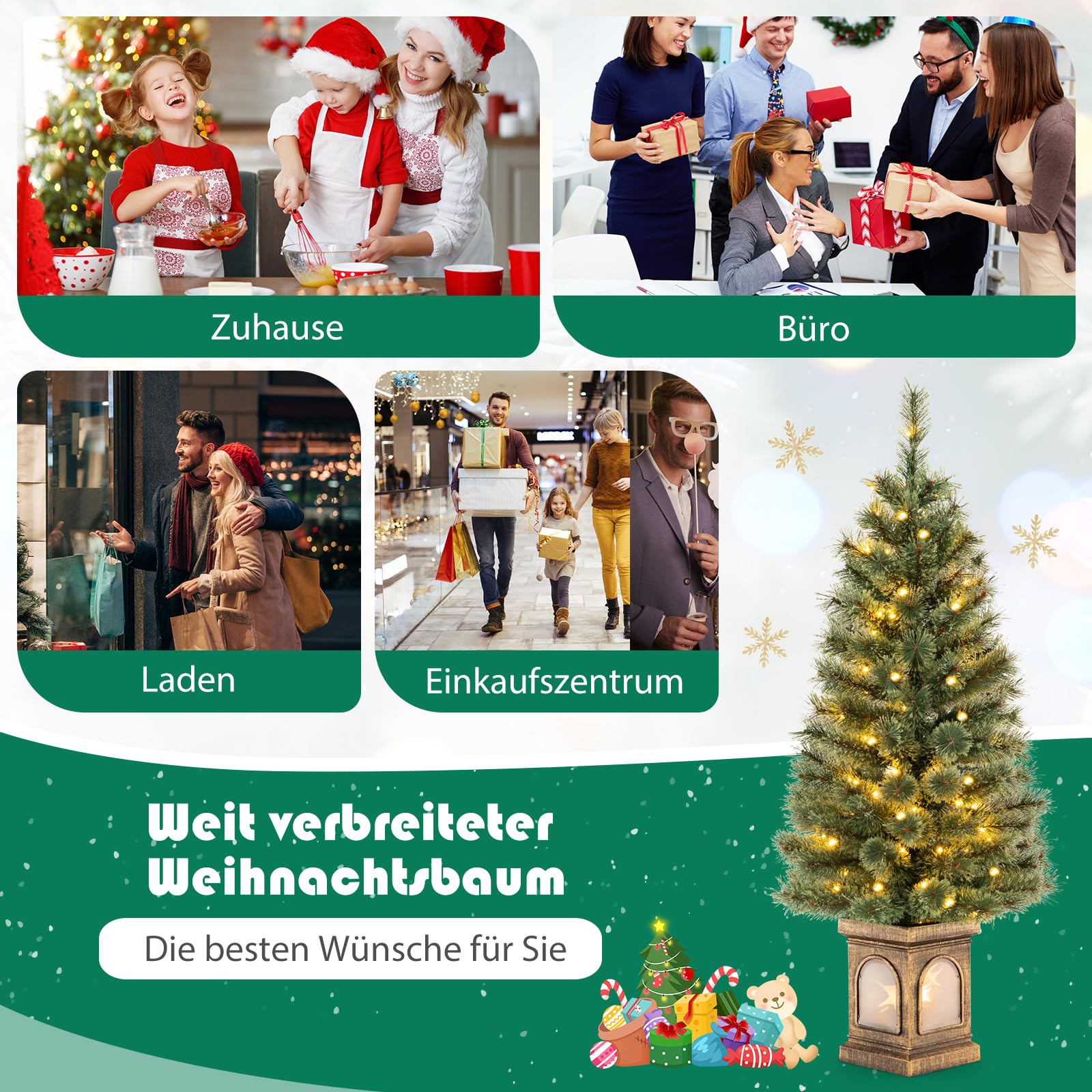 COSTWAY 120 cm künstlicher Weihnachtsbaum mit Beleuchtung, Tannenbaum im Topf, mit warmweißen LED-Lichtern & Timer & 116 PVC Zweigspitzen, Topfbaum für Eingang Haus Büro, Grün
