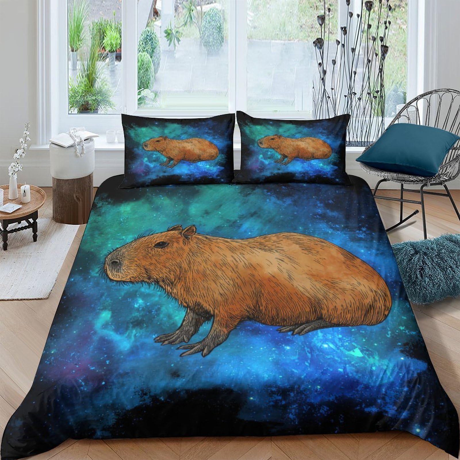 Ctjqhvkz Style-1 3D Printed Capybara Galaxy Fitted Sheet Microfiber Soft Blue Nebula Bed Cover For Bedroom Dorm Mattress Decor Single（135X200cm）