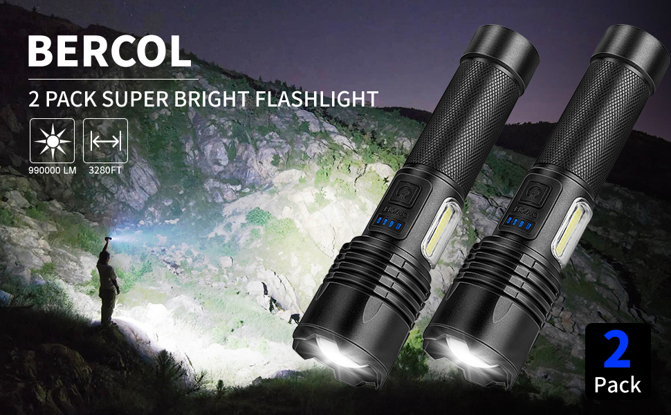 bercol rechargeable led flashlight BERCOL Flashlights High Lumens Rechargeable, 90000 Lumens Super Bright Led  Flashlight, 7 Modes Brightest Powerful Flash Light with COB Light, IPX6  Waterproof Handheld Flashlights for Camping Home