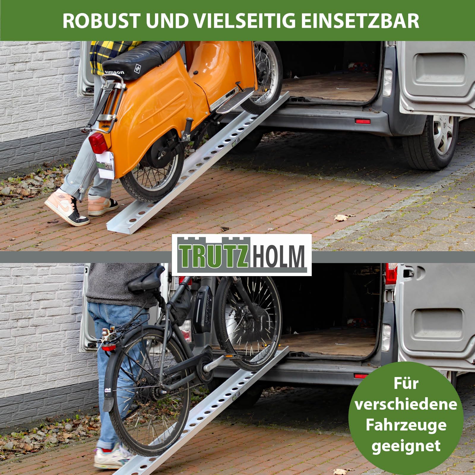 TRUTZHOLM Auffahrschiene Aluminium 194 cm Traglast 200 kg Verladerampe Motorrad Moped E-Bike Fahrrad inkl. Spanngurt Grau