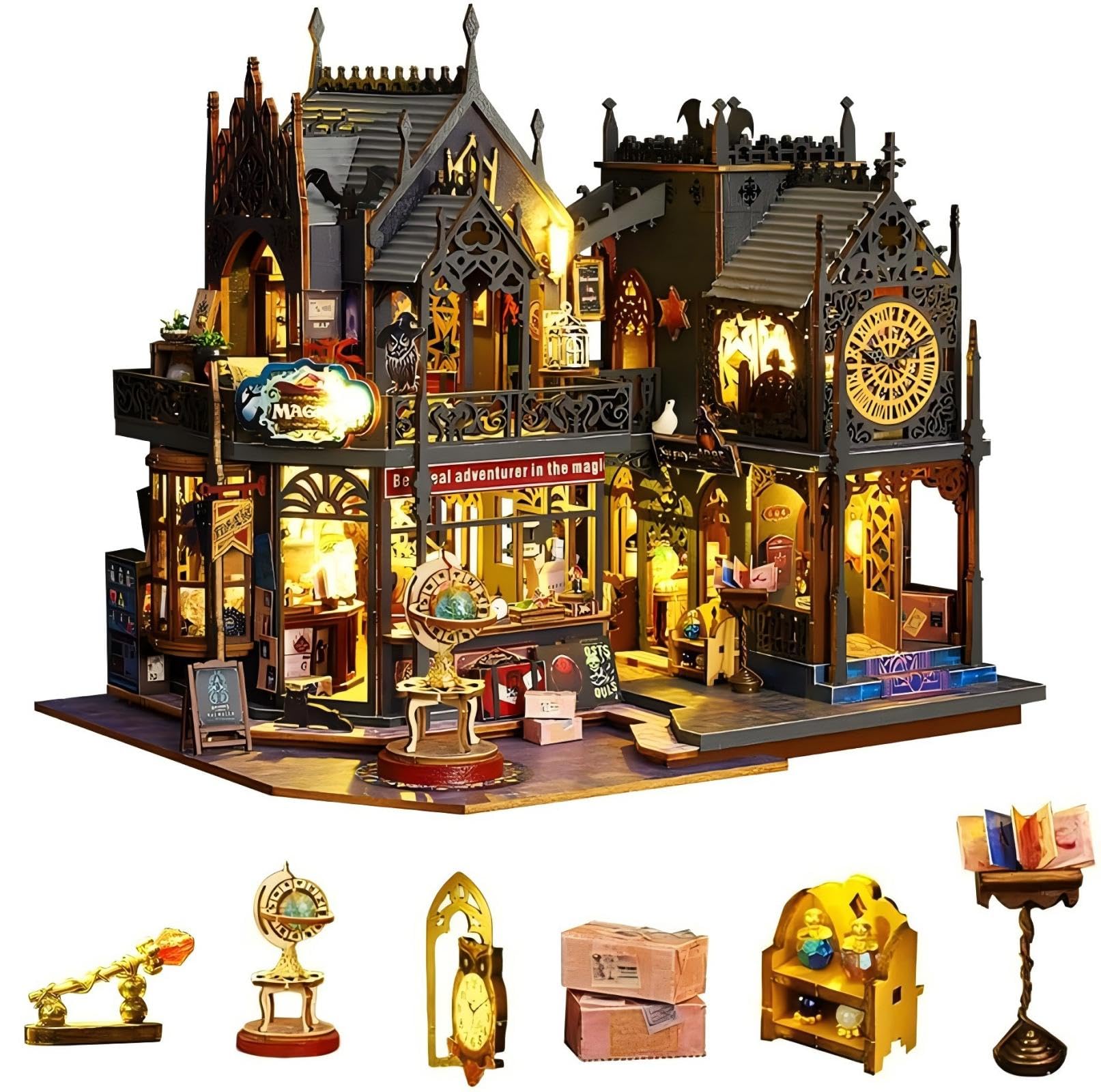 Amazon.co.jp: OZJAY ミニチュアハウスキット、家具&LED付きミニハウス