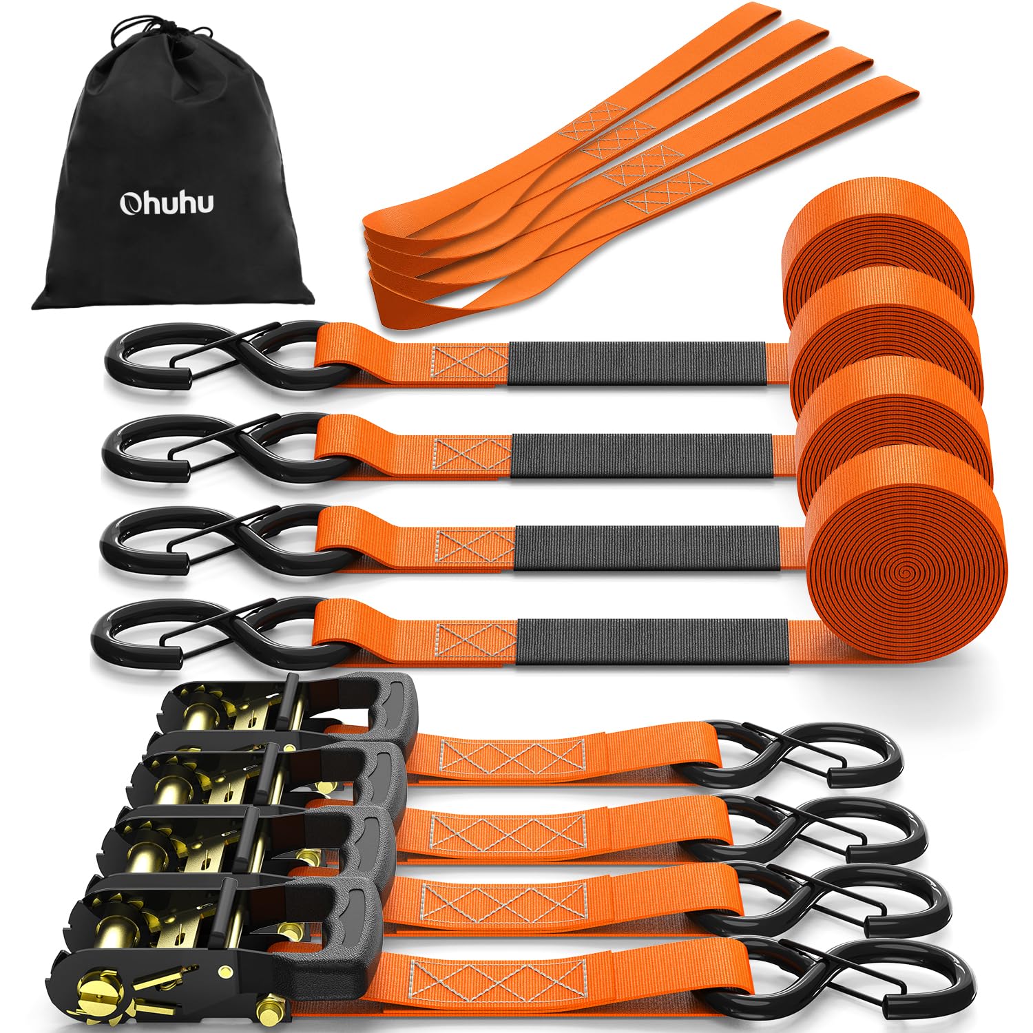 Cinghie a Cricchetto 4 pezzi Ohuhu 4,6m Cinghie con Cricchetto Resistenza fino a 1500 Kg Cinghie di Tensione con 4 Maniglie Morbide e Gancio Cinghie di ancoraggio Cinghia di fissaggio Colore Arancione