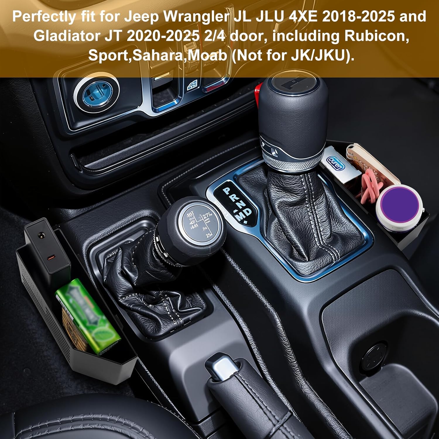 2PCS Metal Center Console Organizer for Jeep Wrangler JL JLU 4XE 2018-2026 & Gladiator JT 2020-2026 Storage Accessories Gear Shift Side Tray Storage Box for Rubicon Sahara Flag Design (Not for JK JKU)