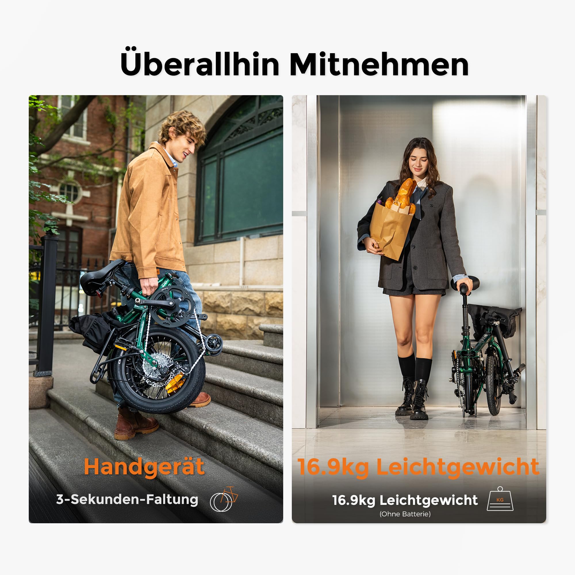 ENGWE Zip 16.9KG Ultraleichtes Zusammenklappbares Elektrofahrrad, 36V 10Ah Tragbarer Akku mit Bis zu 120KM, Drehmomentsensor und Hydraulische Bremsen, Mit Scheinwerfer und Reflektoren, 7 Gänge