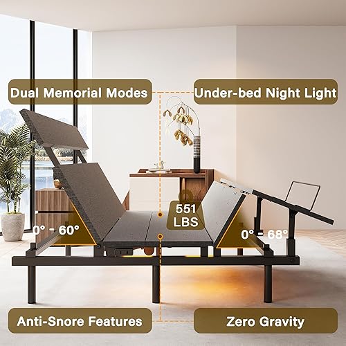 Miniatura 7 de ANCTOR Base de cama ajustable individual con inclinación de cabeza y pie, base de cama ajustable eléctrica con control remoto inalámbrico y motor