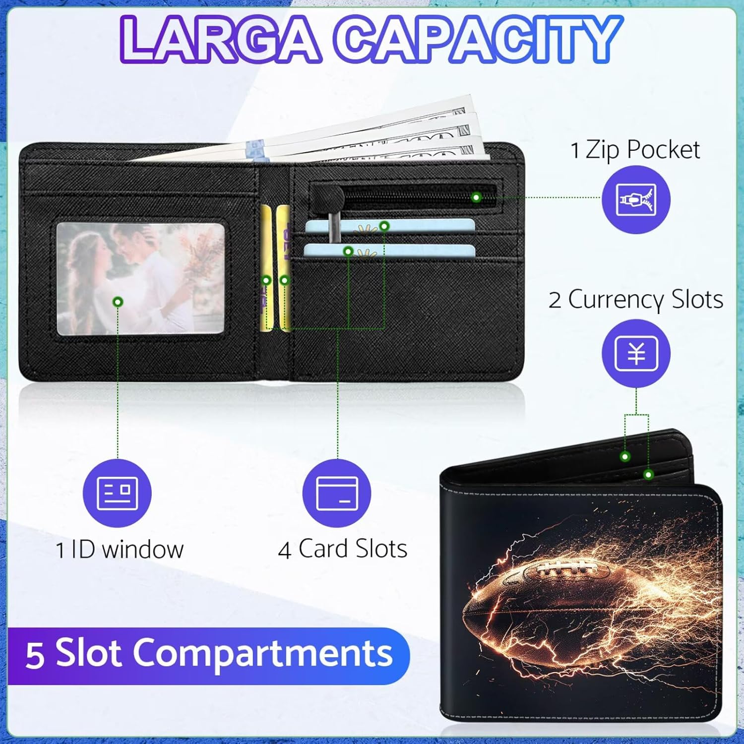 Boys Wallet for Teens, Cool Kids Wallet for Boys Ages 8-10 9-12 11-15, Funny Football Leather Bifold Rfid Blocking, Coin Pocket Id Window for Teen Men Youth Guys Birthday Christmas Gifts - Image 4