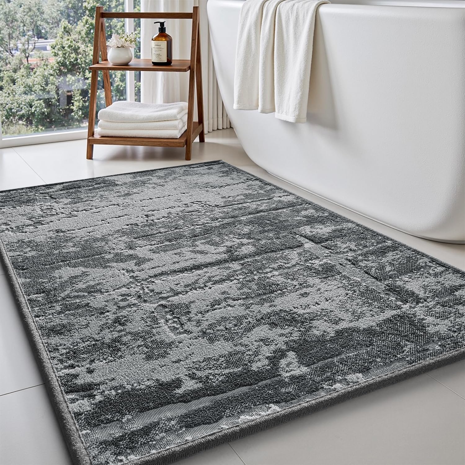 Super Absorbent Bath Mats for Bathroom Rubber Backing Bath Mat Non Slip Machine Washable Bathroom Mat Durable Bathroom Rug Low Profile Bathroom Carpet Fit Under Door Black&Grey 17"x28"