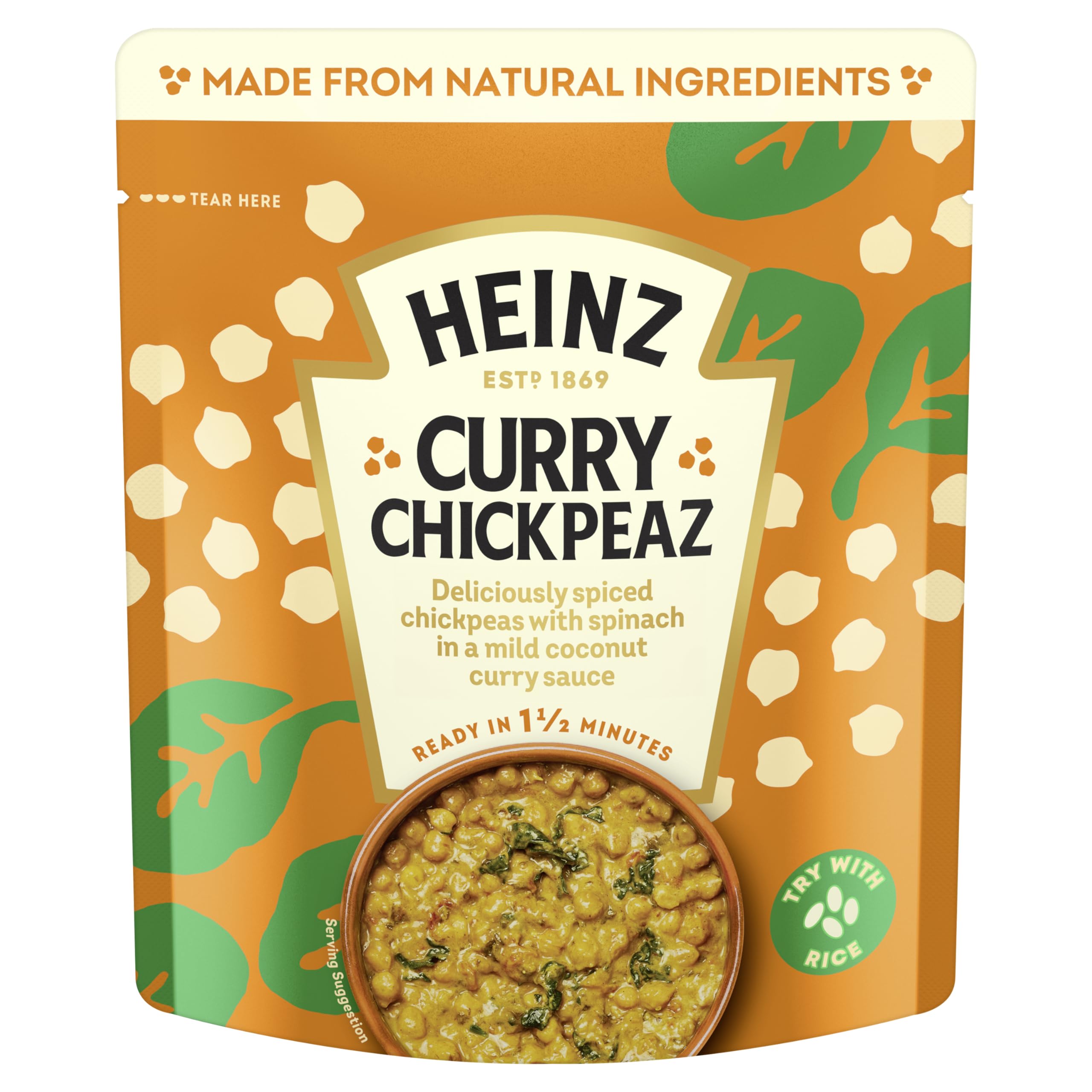 HEINZ Curry Chickpeas with Coconut and Spinach - Meal for One, Made From Natural Ingredients, Source of Protein, 250gr