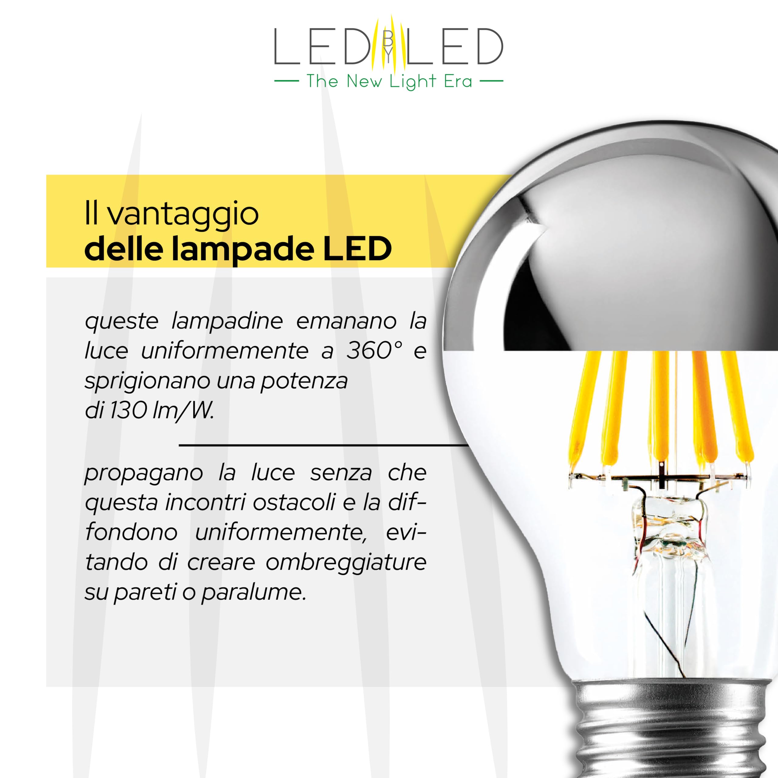Lampadina Goccia Specchio 8W Pari a 80W, E27, Vetro Mirror-Trasparente Silver Top, 2700K Luce Calda, filamento LED dritto, 1040 Lumen, Pack 10 Pezzi
