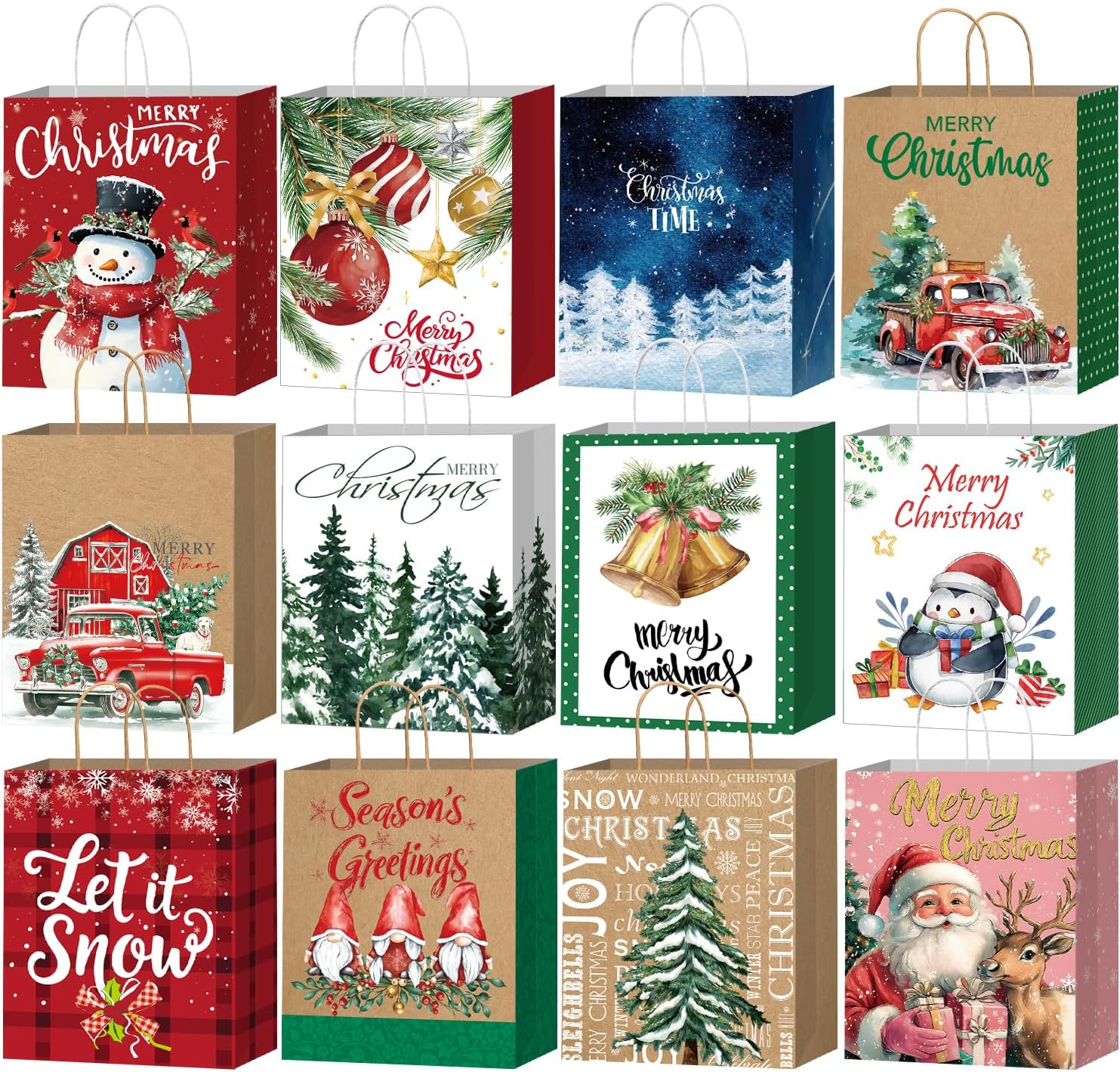 DECHISY Pack of 12 Christmas Gift Bags with Handles Christmas Bags Large with 12 Designs Paper Bags Christmas Perfect for Christmas and New Year Decorations 32 x 26 x 12 cm