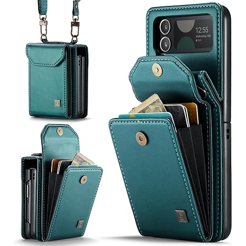 ASAPDOS Crossbody Case Compatible with Samsung Galaxy Z Flip 4,Retro PU Leather Strap Wristlet Flip Case with Magnetic Closure and Card Holder for Men Women Blue Green