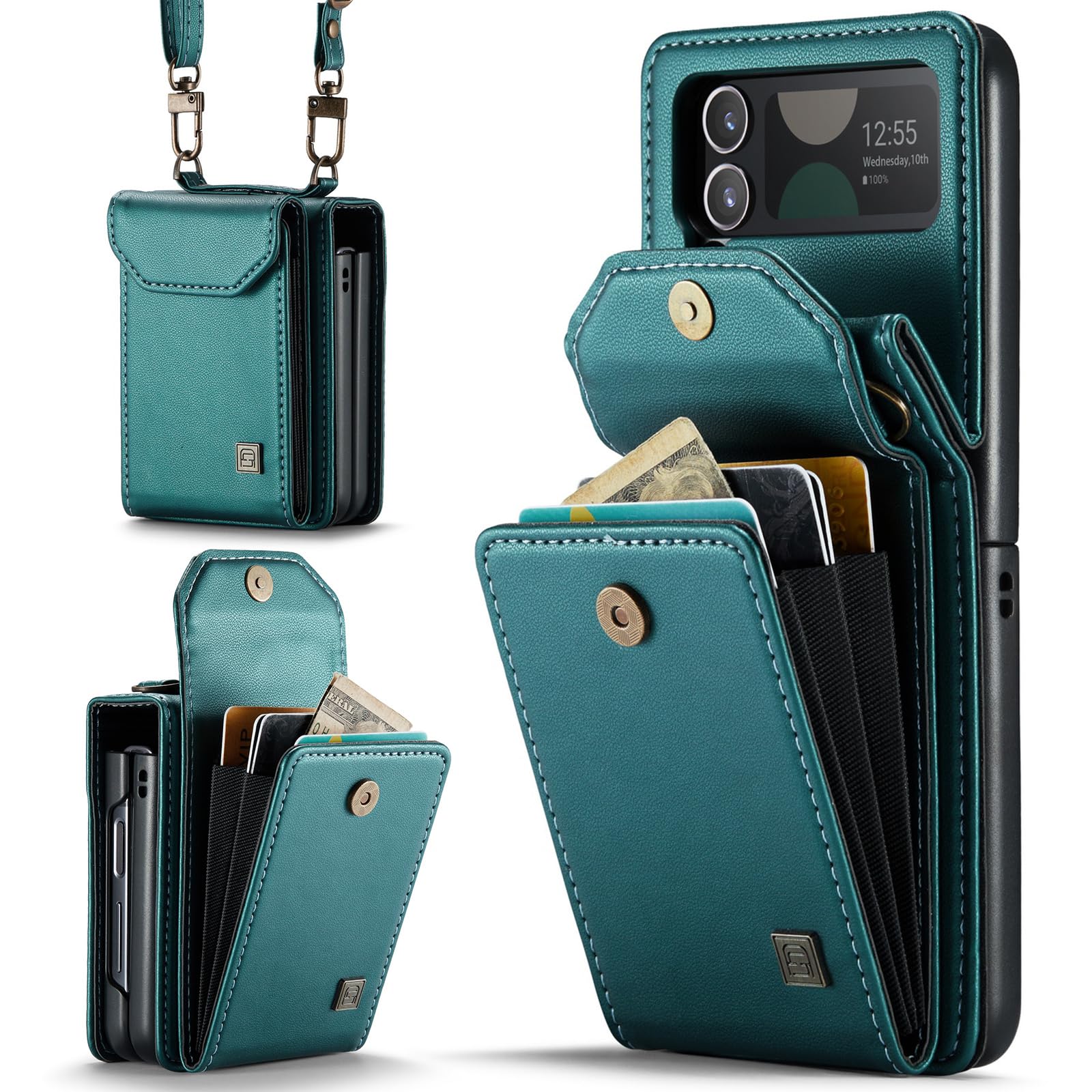 ASAPDOS Crossbody Case Compatible with Samsung Galaxy Z Flip 3,Retro PU Leather Strap Wristlet Flip Case with Magnetic Closure and Card Holder for Men