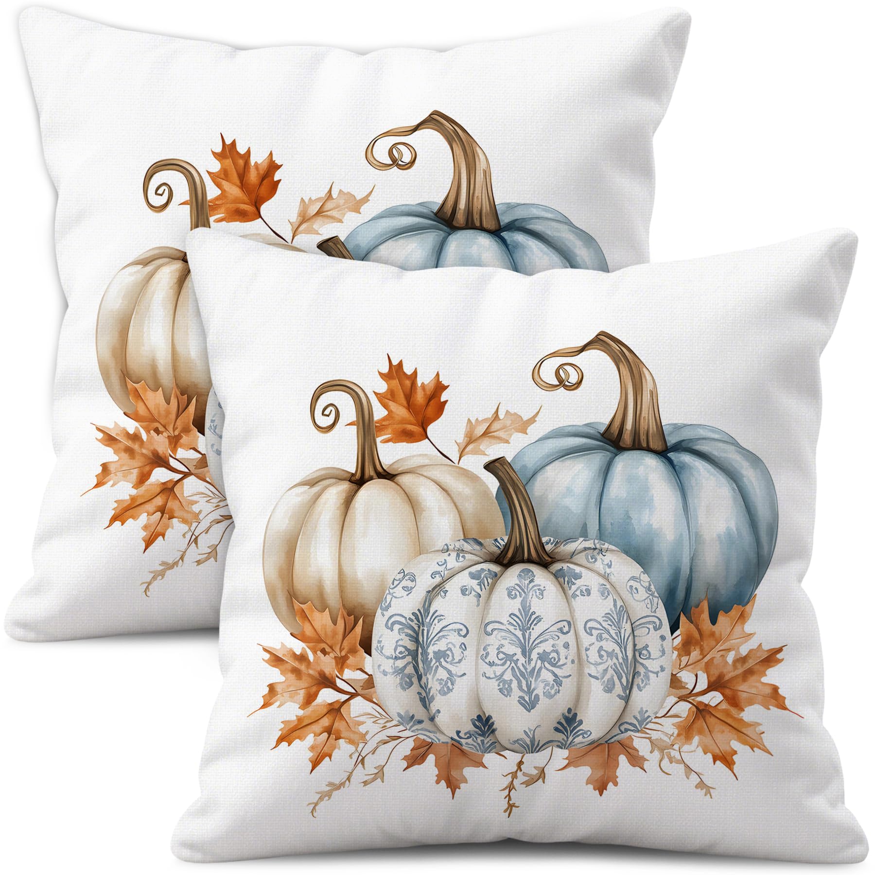 WitHero Fall Pillow Covers 20x20 Set of 2 White Linen Decorative Throw Pillowcases Double-Sided Pumpkin Print Slightly Water-Resistant