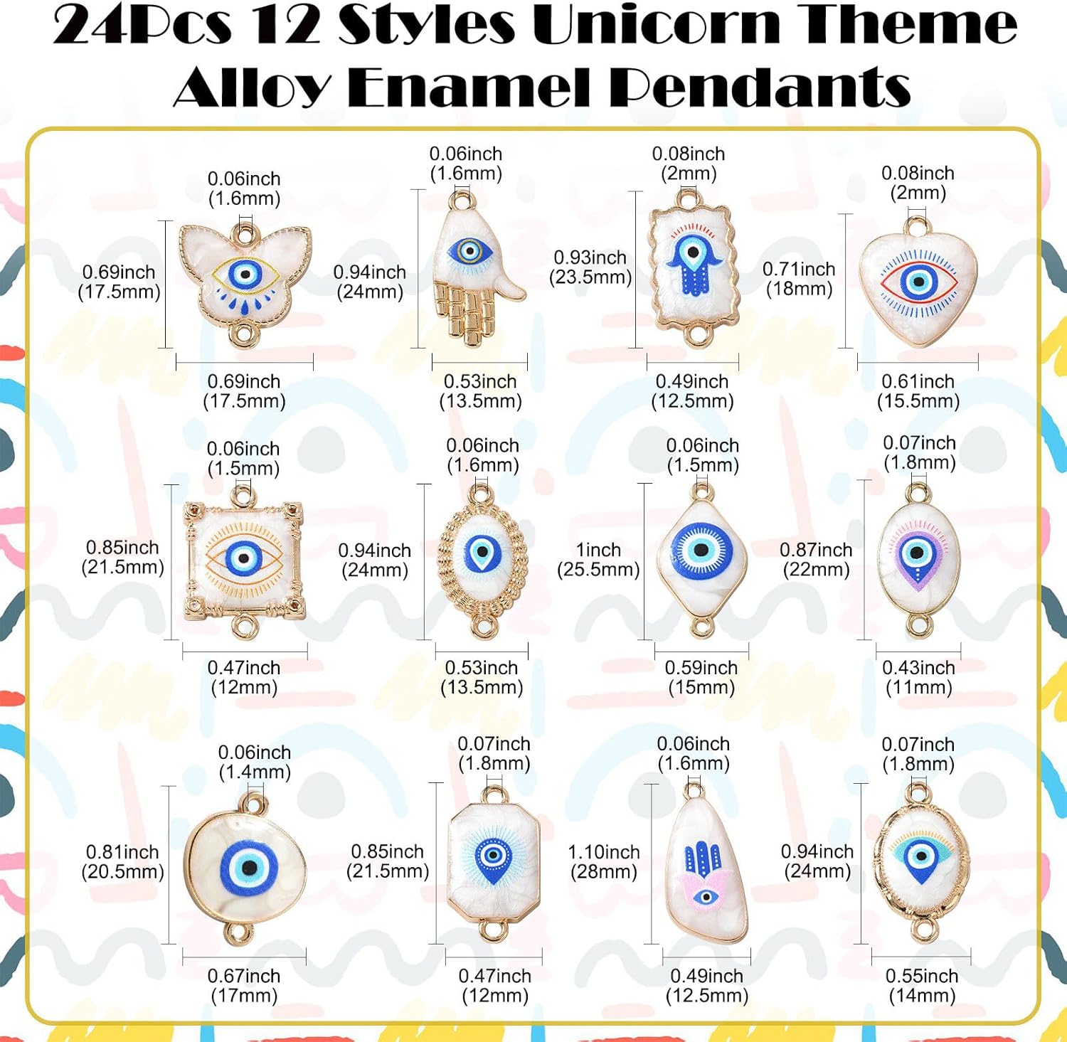 LiQunSweet 24 pcs 12 Styles Blue Evil Eye Enamel Connector Charms Heart Butterfly Square Oval Shaped Lucky Eye Link Charms for DIY Jewelry Necklace Bracelet Earring Crafts - Image 2