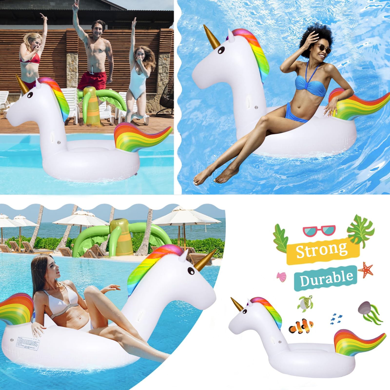 190x92cm Einhorn Schwimmring Erwachsene, Schwimmreifen Einhorn aufblasbare mit Glitzer, Schwimmtier Groß, aufblasbarer Pool Ring, Schwimmring Wasserspielzeug für Pool Party Sommer Strand