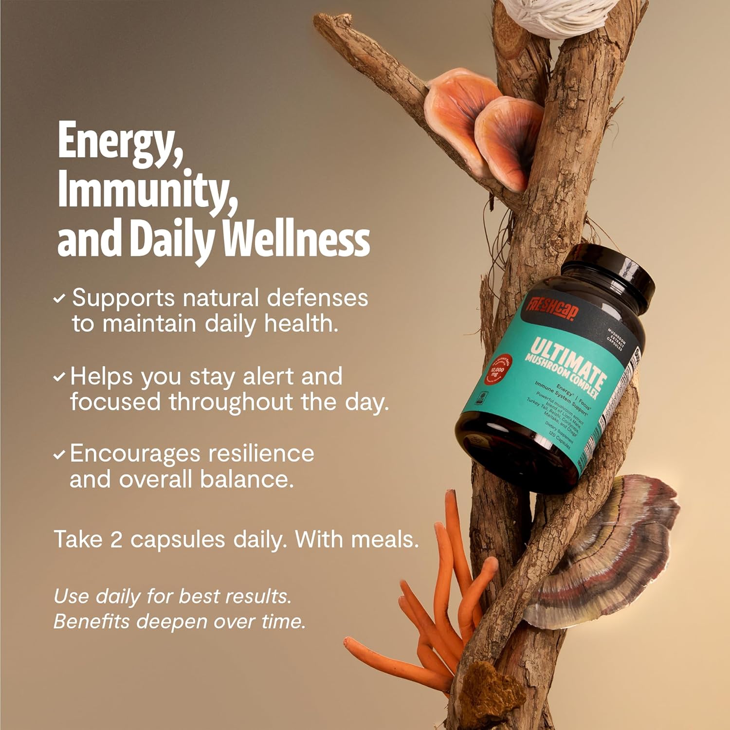 FreshCap Mushrooms Ultimate Mushroom Supplement 12,000mg - Mushroom Complex Capsules, Organic Supplement Ayurveda (120 Capsules) - Image 5