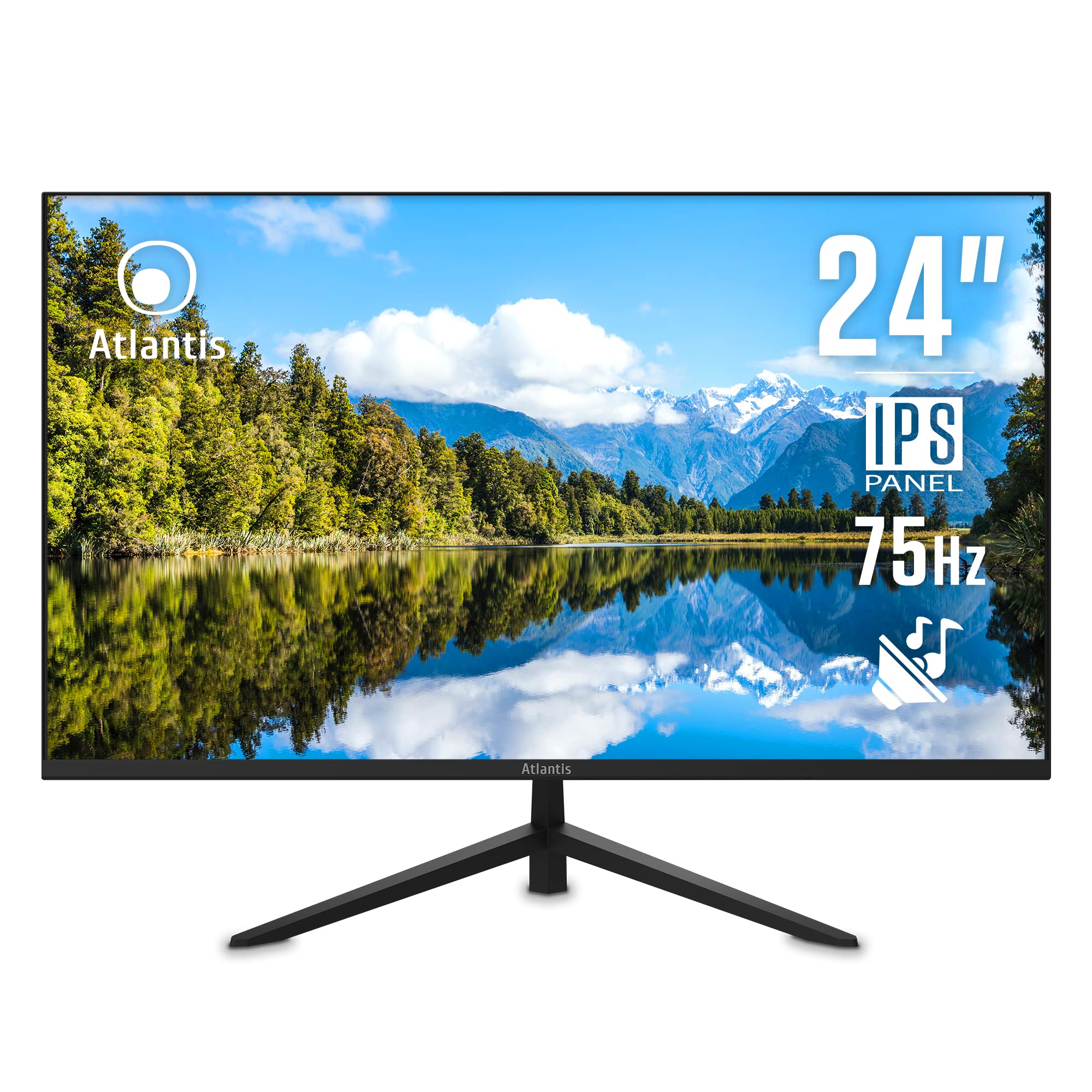 Atlantis Monitor 24 pollici, schermo 24" IPS 75Hz, Full HD 1920x1080, VGA HDMI, MULTIMEDIALE, FreeSync, Uscita Audio/Cuffie, inclinabile, risposta 5ms, Contrasto 1000:1, Angolo 178/178, Cavo HDMI 1,5m