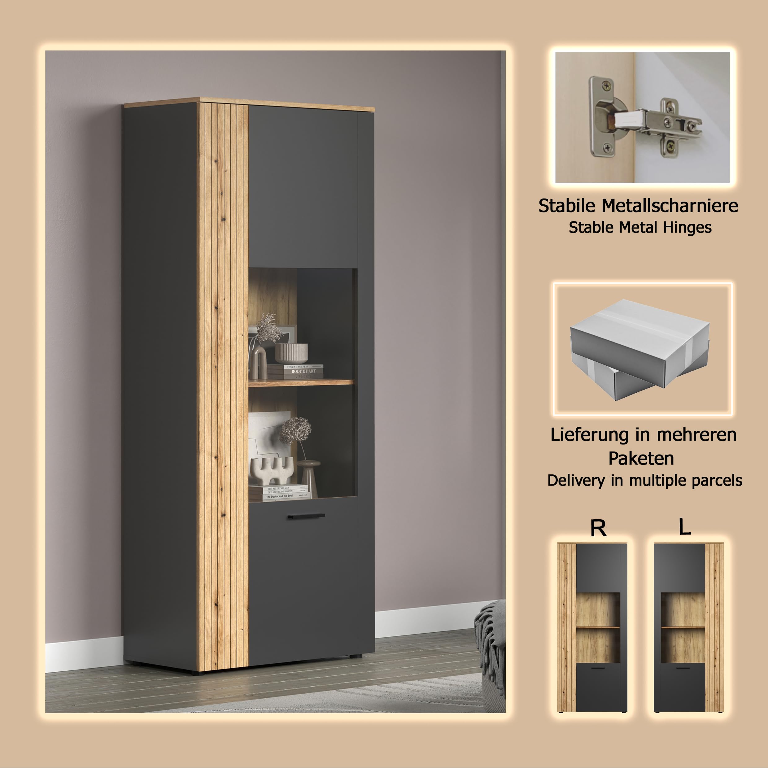 trendteam smart living - Esteban - Vitrine - Anthrazit/Eiche - Standvitrine in Rillenoptik - (BxHxT) 80 x 195 x 42 cm - eleganter Wohnzimmerschrank mit 6 Fächern