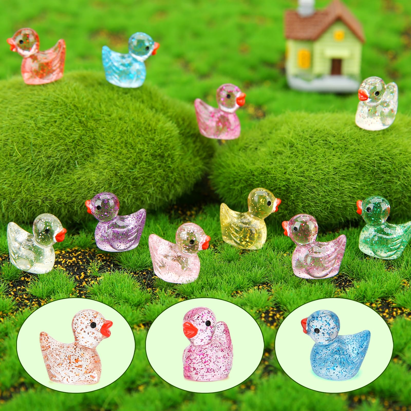 240 Pcs Glitter Mini Resin Ducks, Colorful Tiny Small Plastic Ducks Figures to Hide Little Resin Animals Bulk for Miniature Landscape Aquarium Potted Dollhouse Fairy Garden Accessories Decorations