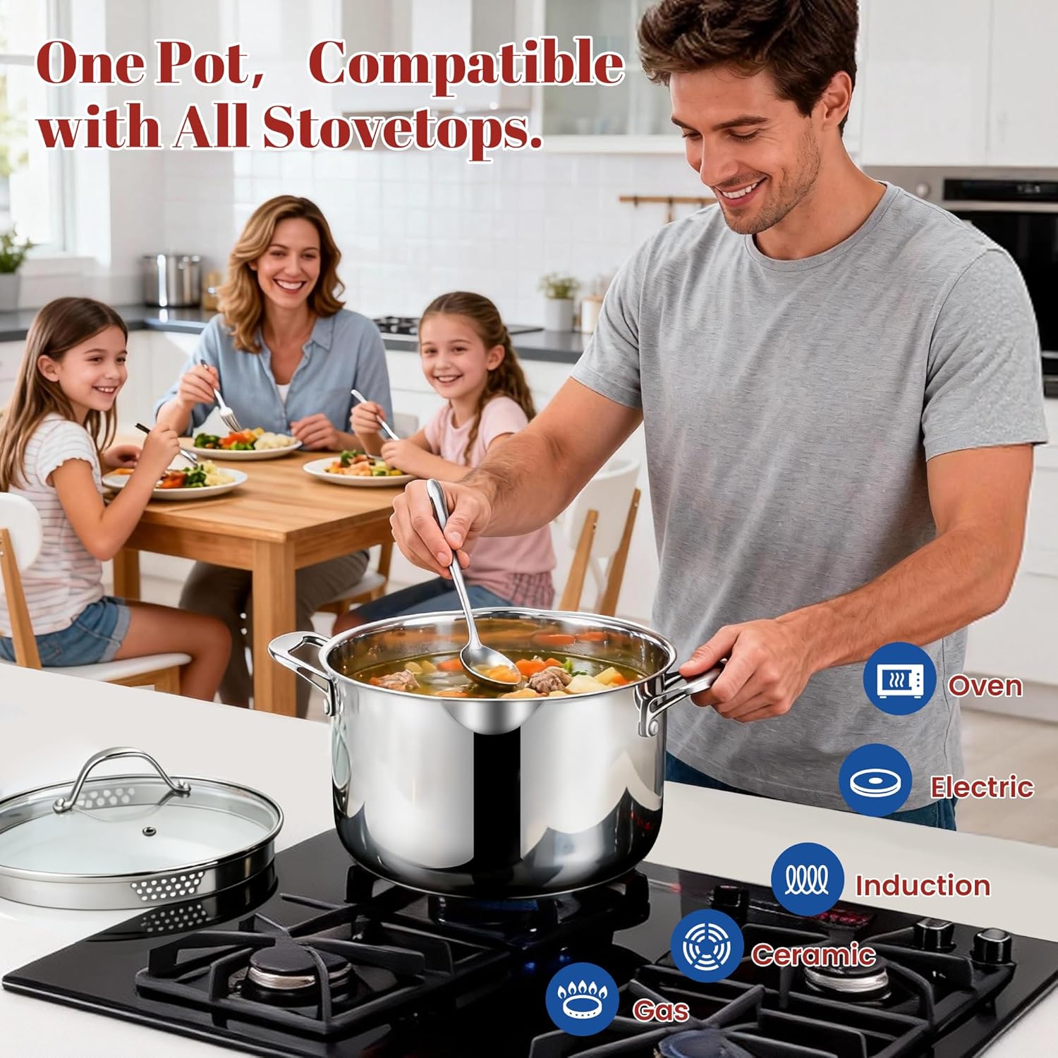 AOSION 6 Quart Stainless Steel Stock Pot with Deep Fryer Basket, 6QT Large Stockpot with Glass Strainer Lid,Ollas De Cocina for Spaghetti, Pasta Pot with Strainer,Compatible with All Cooktops.