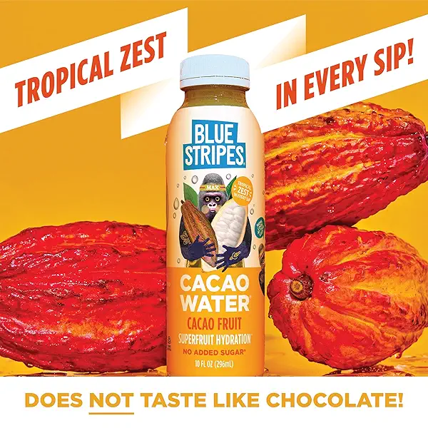 Blue Stripes Cacao Water - Cold Pressed Superfruit Hydration with Electrolytes & Antioxidants, No Sugar Added, All Natural, Great for Protein Shakes & Smoothies - Just Cacao, 10 FL OZ 7