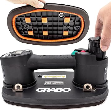 GRABO Pro Electric Vacuum Suction Cup Lifter With Automatic Turn On/Off Pump Function Digital Display Electronic Pressure Gauge for Wood Drywall Granite Glass Tile Heavy Lifting Tool | Automatic pump, digital pressure gauge, 20 L/min airflow